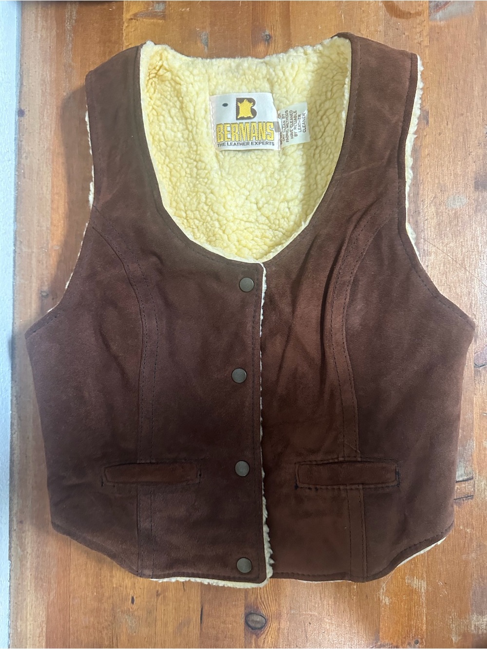 Vintage Bermans Brown Suede Vest with Cream Sherpa Lining